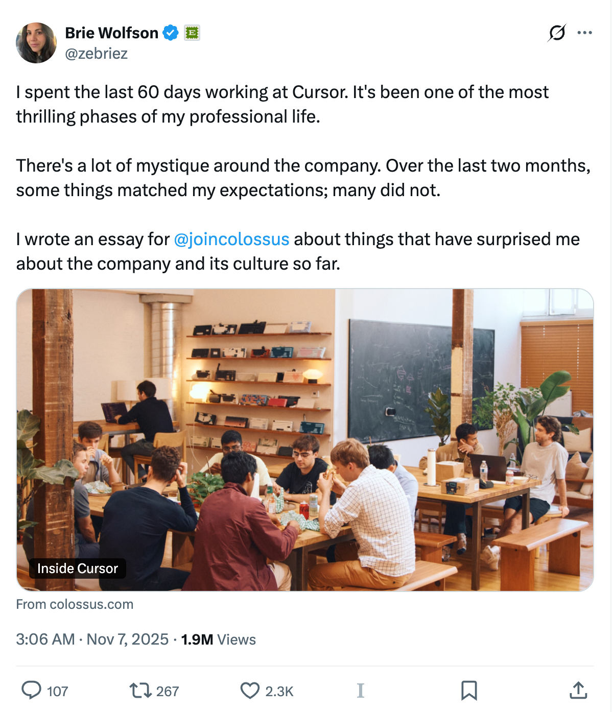 Zebriez on X — Inside Cursor tweet, 1.9M views